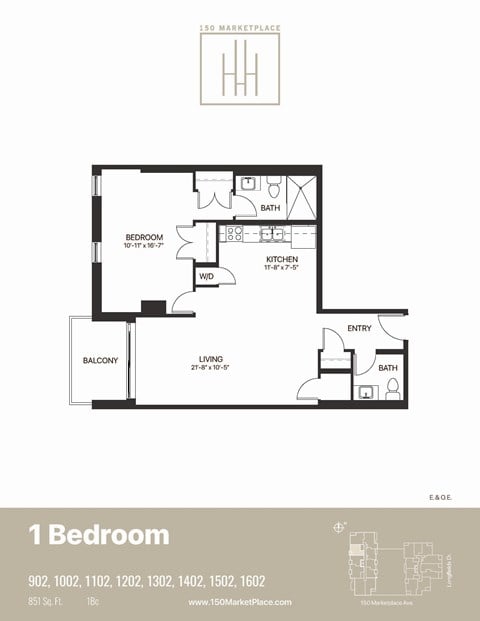 Floor plan for 1 bed, 1 bath, 851 sqft